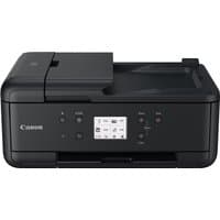 Black Canon PIXMA TR7650 inkjet printer with LCD screen, control buttons, and Wi-Fi connectivity.