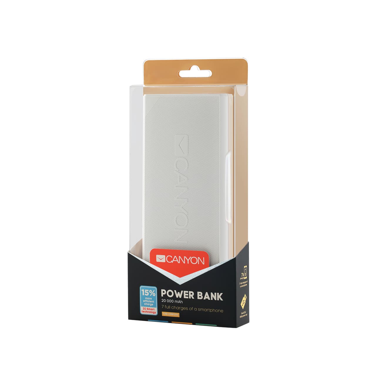 White Canyon power bank with 20000 mAh capacity, featuring dual 5V USB ports (max 2.4A), packaged in a clear box with a gold and black design.
