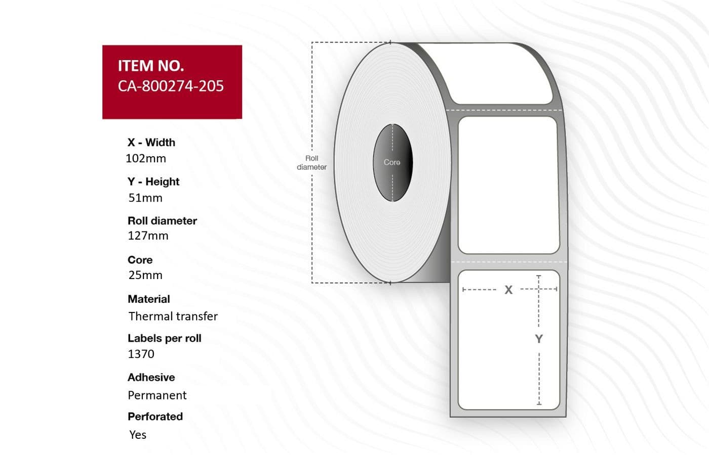White thermal transfer label roll measuring 102mm wide and 51mm high, with a 25mm core, featuring a perforated design for easy separation.