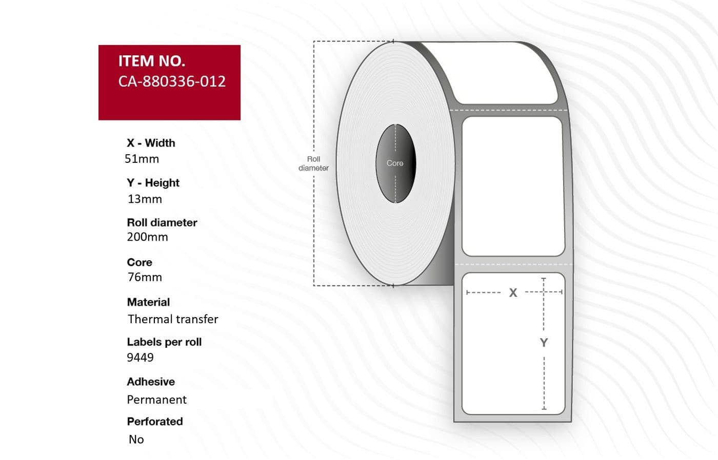 White thermal transfer label roll with a width of 51mm and height of 13mm, featuring a 76mm core and a roll diameter of 200mm, designed for permanent adhesive use.