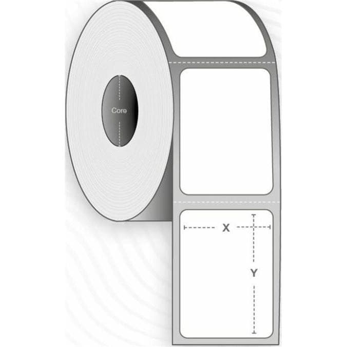White adhesive label roll with dimensions 105 x 220mm, featuring two blank labels with dashed lines for cutting, designed for versatile labeling applications.