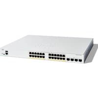 Cisco Catalyst 1200-24FP-4G Smart Switch, white, 24 GE ports, full PoE, 4 SFP slots, sleek rectangular design.