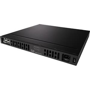Black Cisco Integrated Services Router 4331 with multiple ports, including USB and Ethernet, featuring a sleek, flat design and ventilation slots for efficient cooling.