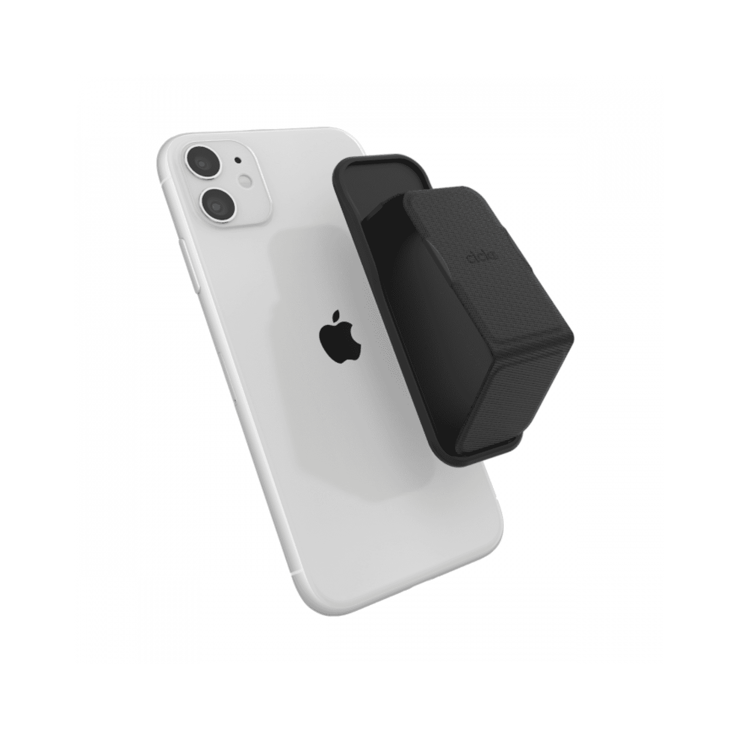 Black Clckr Universal Stand with diagonal lines, attached to a white smartphone, featuring a textured surface for grip and a compact design for easy portability.