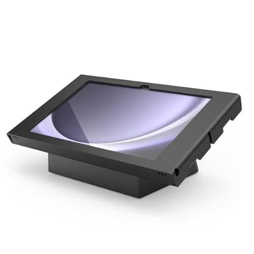 Black swing wall mount for Galaxy Tab A9, featuring a sturdy enclosure with a sleek design and angled support for optimal viewing.