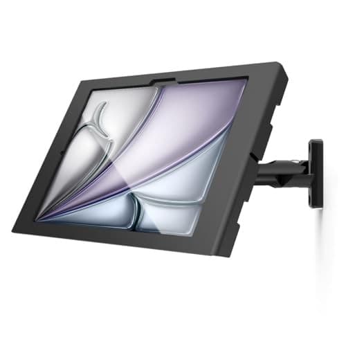 Black Apex Enclosure Swing Wall Mount for iPad Air M2 & M3, featuring a sleek design with a secure frame and adjustable arm for optimal viewing angles.