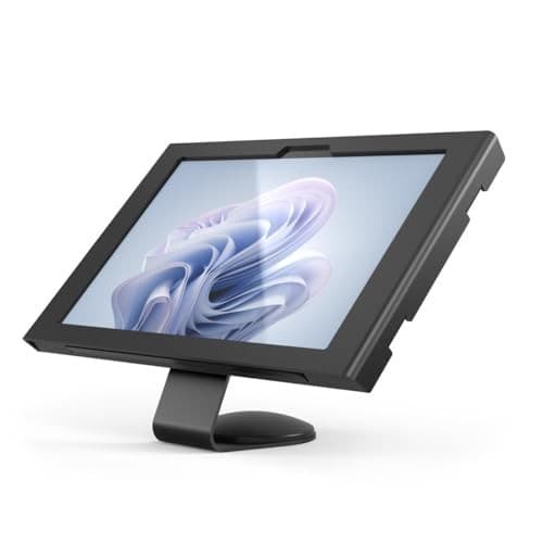 Black Apex Enclosure Core Stand for Galaxy Tab A9+, featuring a sleek design with a sturdy base, angled display, and a protective frame for secure tablet use.