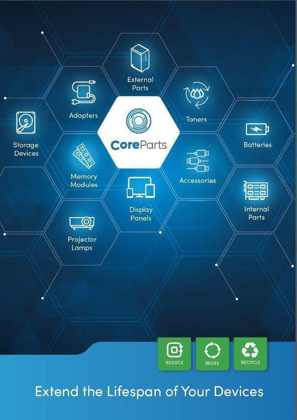 CoreParts CAT-Q1-20-NL mobile phone spare part displayed on a blue hexagonal background, featuring icons for various electronic components and a slogan about device longevity.