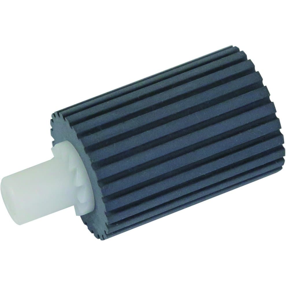Black rubber printer roller with vertical grooves and a white plastic shaft, designed for efficient paper feeding in printers.