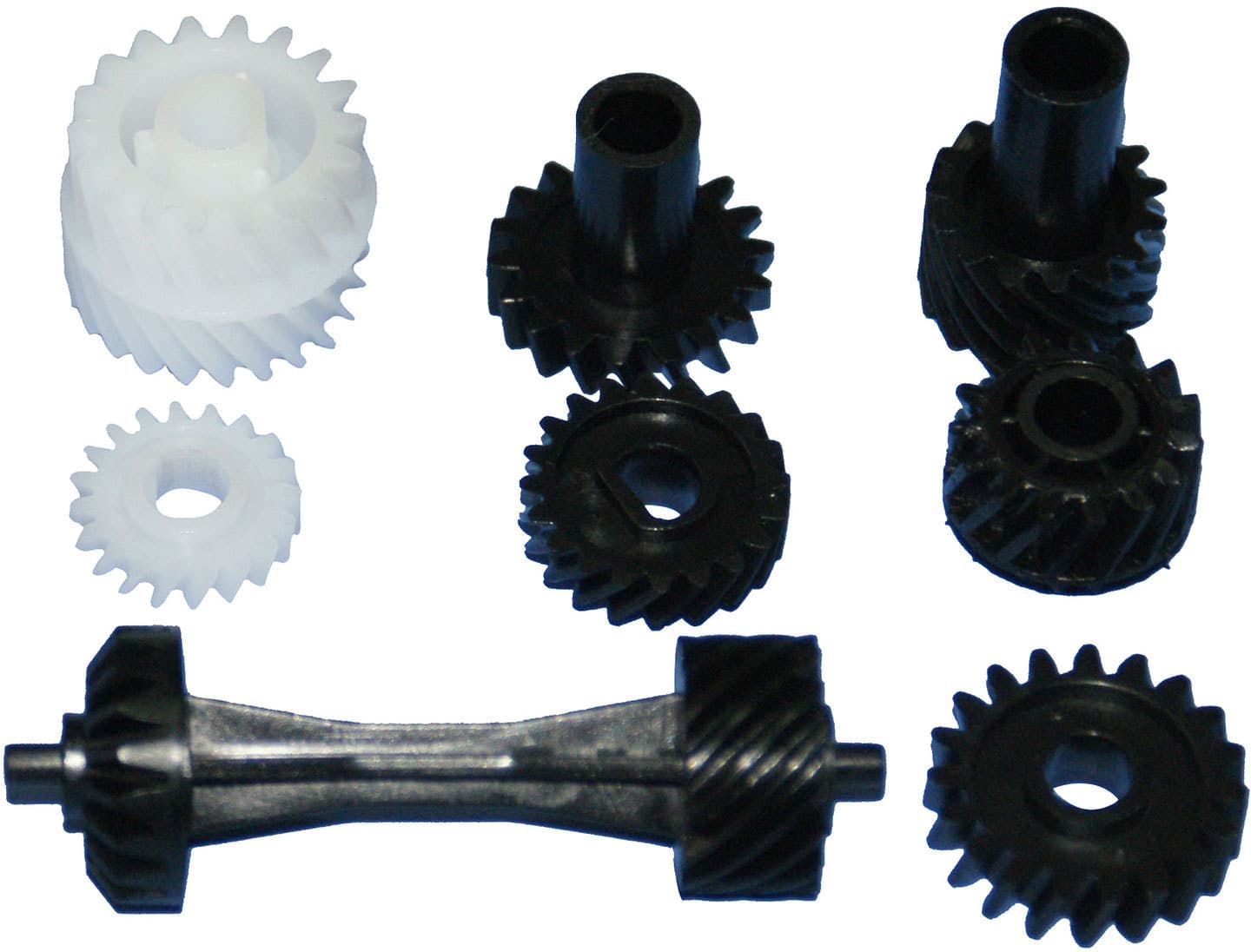 CoreParts MSP7333 printer/scanner spare part gear kit featuring various black and white gears, including a white spiral gear and a black shaft with multiple cogwheels.
