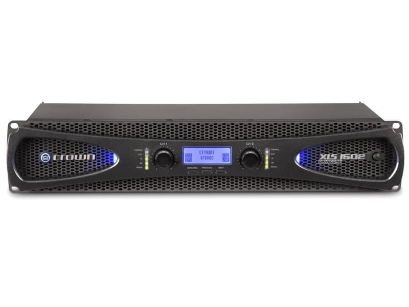 Black Crown XLS1502 amplifier with a sleek design, featuring blue LED lights, dual control knobs, and a digital display for easy monitoring.