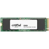 Crucial E100 1 TB M.2 PCIe 4.0 NVMe SSD with green circuit board and black chips, white label with logo and model info.