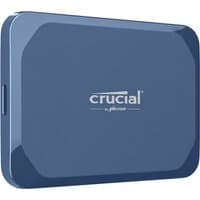 Blue Crucial X10 2 TB USB Type-C external SSD with rounded edges and Crucial logo on top.