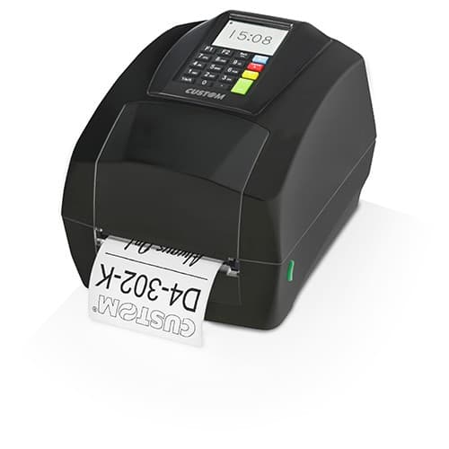 Black wired thermal printer with a keypad and display, featuring a paper output slot showing a printed label with "CUSTOM D4 302-K" text.
