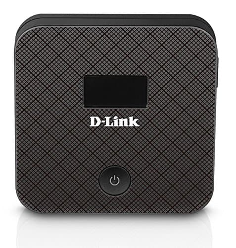 Compact black D-Link 4G LTE Mobile WiFi Router with a textured surface, a small display screen, and a power button on the front.