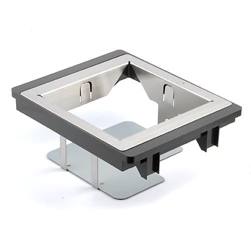 Gray and silver Datalogic 11-0178 mounting kit featuring a square base with a cutout in the center, made of metal and plastic, designed for secure installation.