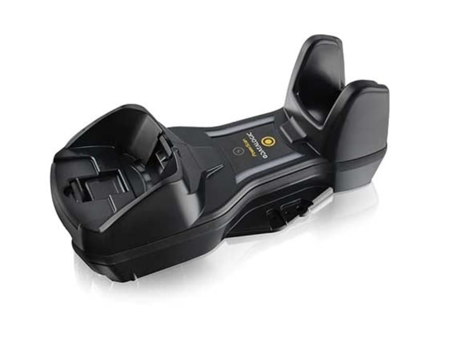 Black plastic charging adapter for Datalogic BC9630-433 barcode reader, featuring a sleek design with two slots for secure device placement and a prominent DataLogic logo.