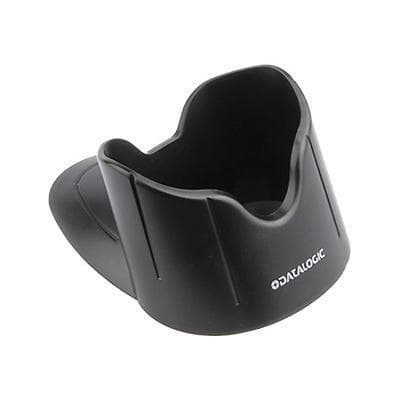 Black plastic Datalogic holder designed for desk or wall mounting, featuring a curved shape and slotted design for secure device placement.