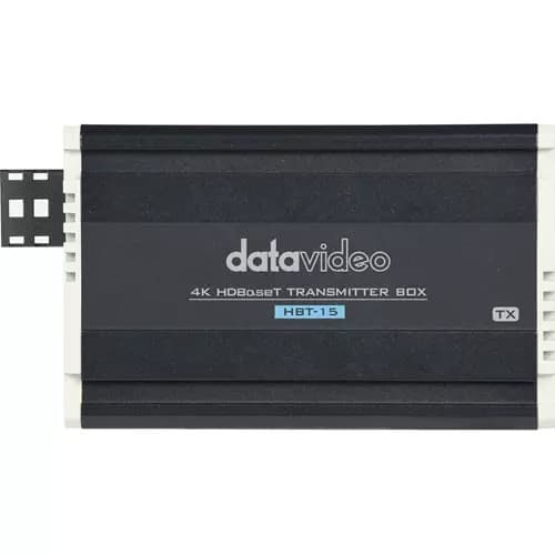 Black DataVideo HBT-15 AV receiver with a sleek design, featuring a prominent logo, labeled ports, and a sturdy casing for durability.