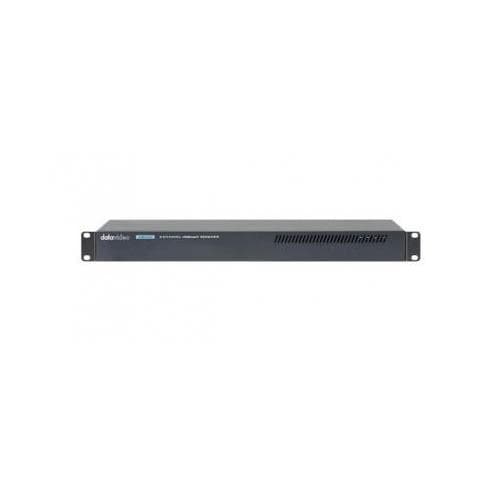 Black metal AV receiver with a sleek, minimal design, featuring a front panel with a logo and ventilation slots, suitable for rack mounting.