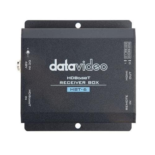 Black DataVideo HBT-6 AV receiver with HDMI input and output ports, featuring a sleek metal casing and labeled connections for easy setup.
