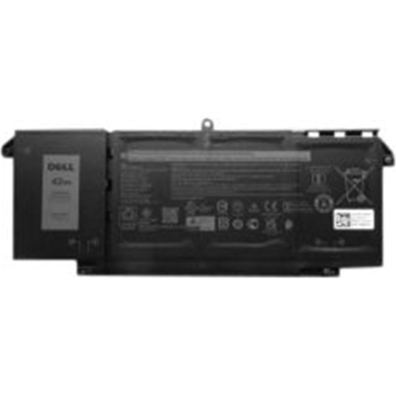 Black Dell 42Whr lithium-ion battery with labels and specifications, featuring a rectangular shape and various certification symbols on the surface.