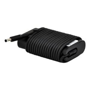 Black DELL 45W AC adapter with a UK plug, featuring a barrel connector (4.5 x 3mm) and a compact, ribbed design for easy handling and storage.
