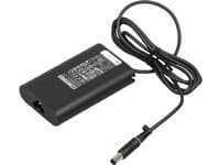 Black DELL 65W AC adapter with a barrel connector (7.4 x 5mm) and a UK plug, featuring a textured surface and a power cord attached.