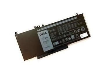 Black Dell J8FXW laptop battery with a rectangular shape, featuring a label with specifications and logos, designed for compatibility with Dell laptops.