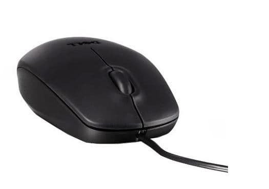 Black wired computer mouse with a smooth plastic finish, featuring a scroll wheel and a simple two-button layout, designed for ergonomic use.