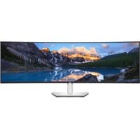 Dell UltraSharp 49" 5K curved monitor with USB-C hub, slim bezels, and a wide panoramic display showing a mountain landscape.