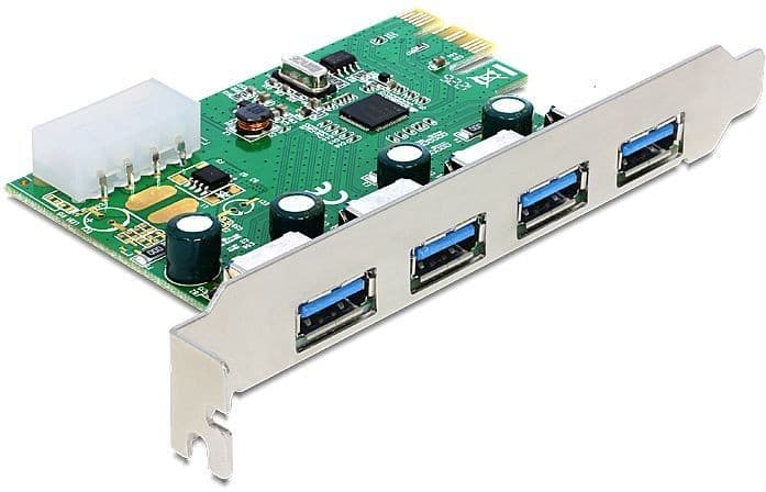 Internal USB 3.2 Gen 1 interface card with a green circuit board, featuring four blue USB ports, silver metal bracket, and additional electronic components.