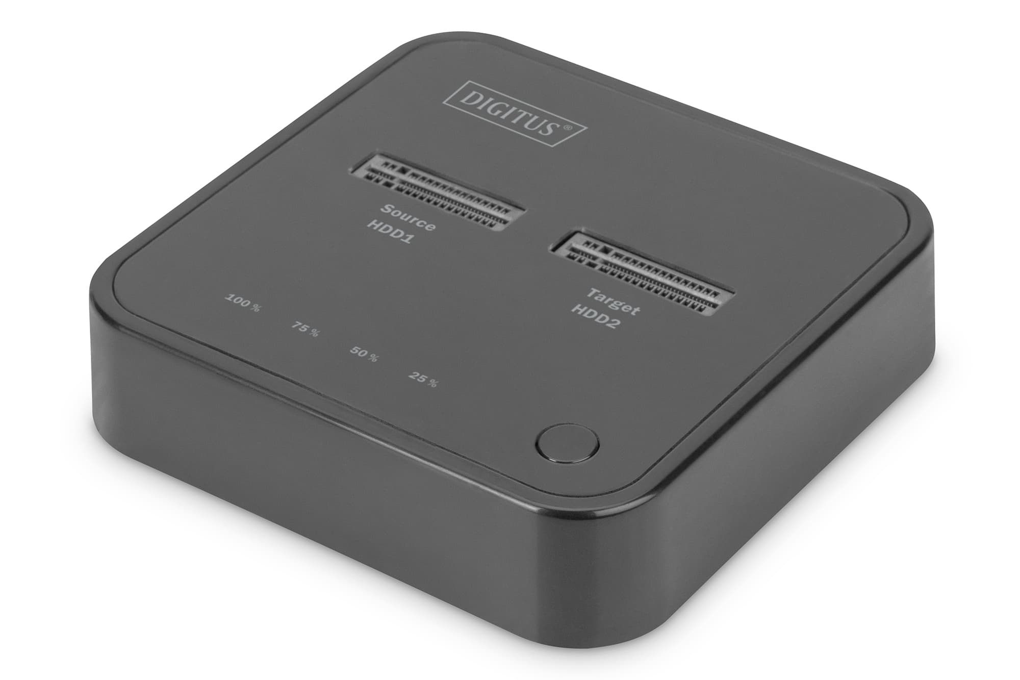 Black Digitus Dual M.2 NVMe SSD Docking Station featuring two slots labeled "Source" and "Target," with a sleek design and LED indicators for cloning status.