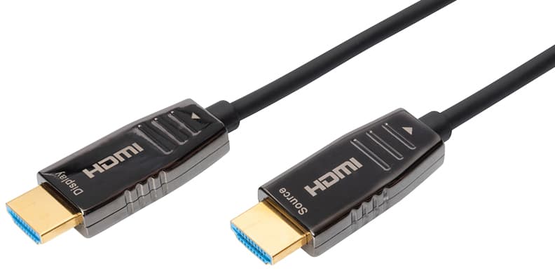 Digitus HDMI AOC Hybrid Fiber Optic Cable, 15 meters long, featuring a sleek black design with gold-plated connectors and blue accents, supporting UHD 8K resolution.
