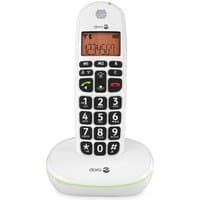White Doro PhoneEasy 100w DECT telephone with large black buttons, orange backlit screen, and caller ID display.