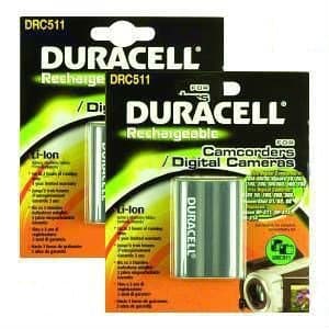 Two Duracell DRC511 rechargeable batteries in a twin pack, featuring a silver cylindrical design, labeled for camcorders and digital cameras, with vibrant green and orange packaging.