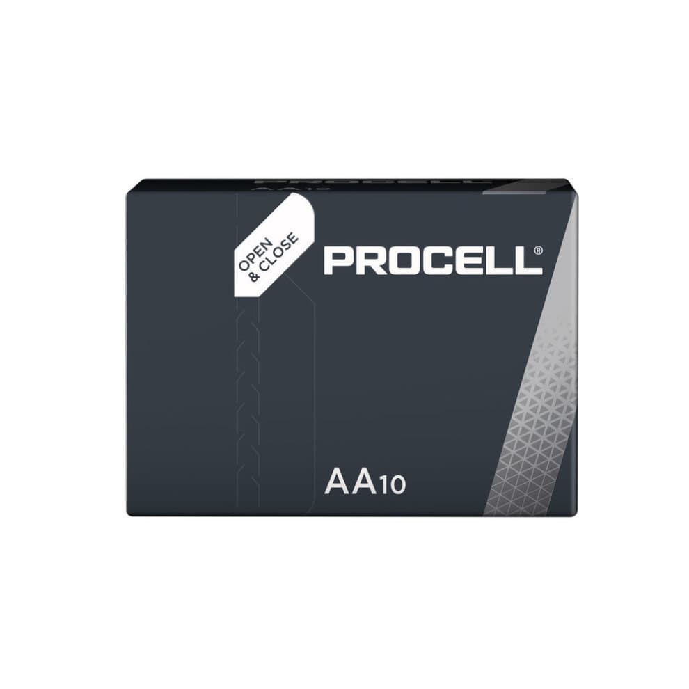 Black packaging with a geometric design, featuring the "PROCELL" logo and "AA10" label, containing ten Duracell Procell alkaline batteries, 1.5V, with an "Open & Close" indicator.