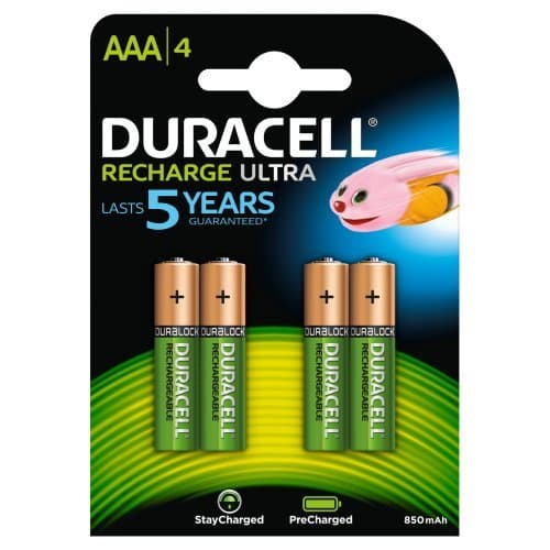 Duracell StayCharged AAA rechargeable battery pack featuring four nickel-metal hydride batteries with a capacity of 850 mAh, displayed on a colorful card with a pink character.