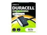Duracell 1m black sync and charge cable with a 30-pin connector, packaged in a green and black box, labeled for use with iPod, iPhone, and iPad.