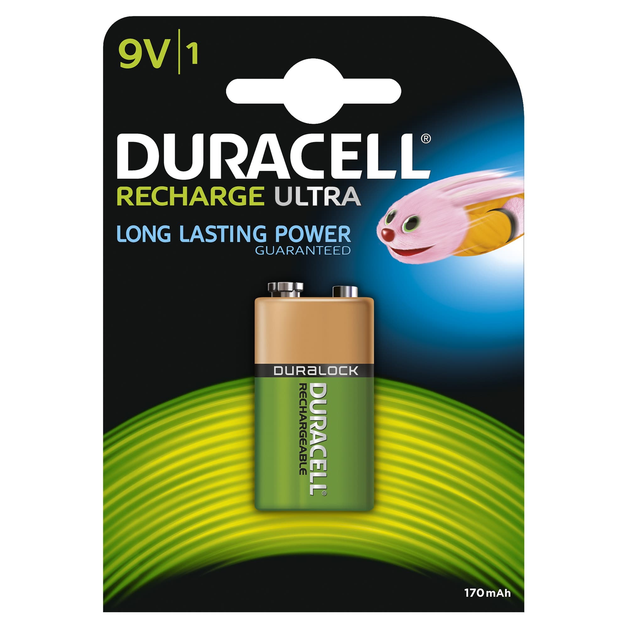 Duracell Ultra 9V rechargeable battery in a green and gold packaging, featuring a cartoon character and highlighting long-lasting power and Duracell's Duralock technology.