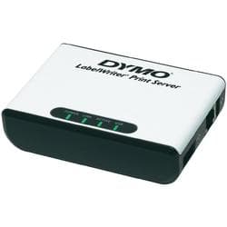 Compact white and black DYMO LabelWriter Print Server with four LED status lights, designed for Ethernet LAN connectivity, featuring a sleek, modern design.