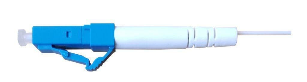 Blue and white EasySplicer SPLICE on CONNECTOR (SOC) SC, featuring a trigger mechanism and a smooth cylindrical body designed for efficient fiber optic splicing.