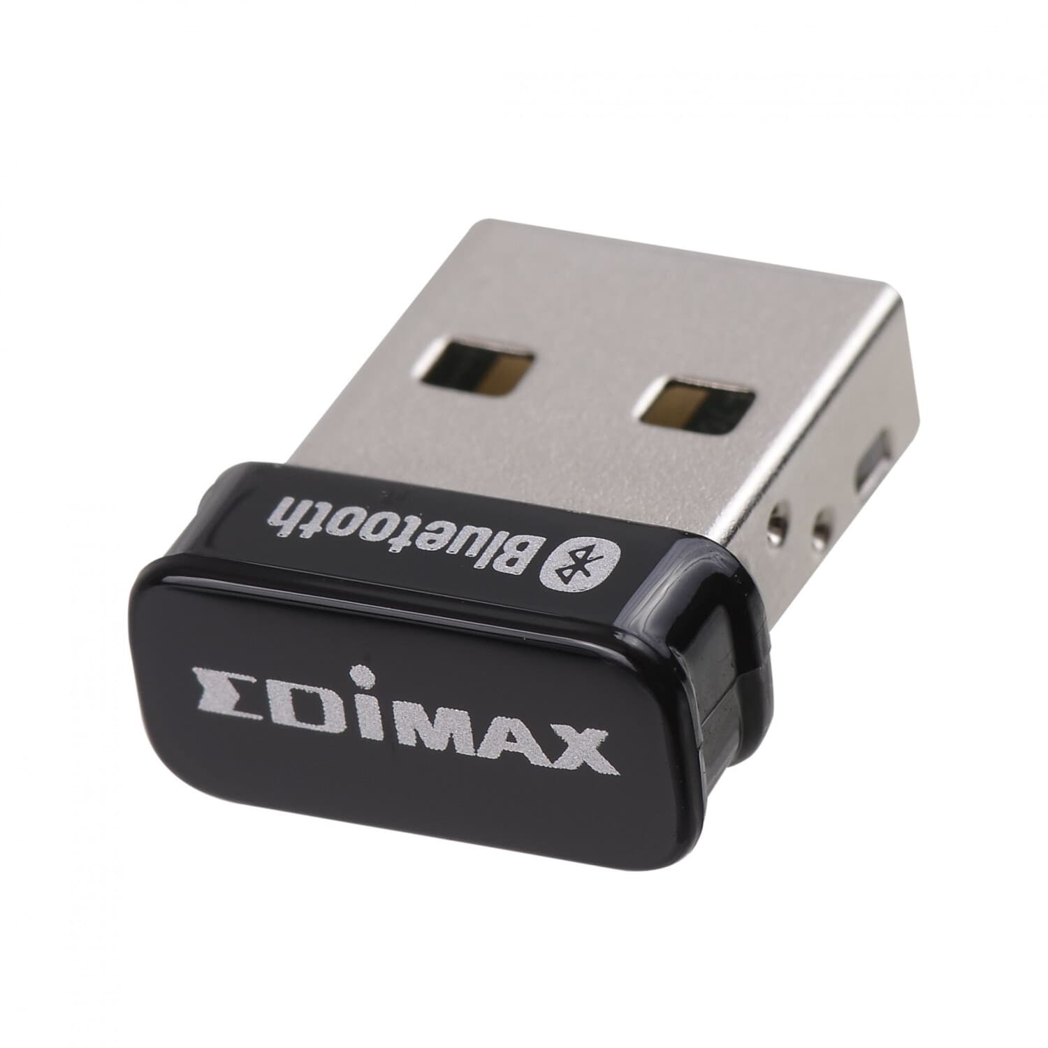 Compact black USB Bluetooth adapter with silver connectors, featuring the Edimax logo and a Bluetooth symbol, designed for wireless connectivity at 3 Mbit/s.