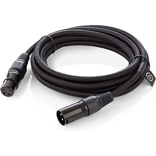 Black braided XLR mic cable with two connectors, featuring a durable design and Elgato branding tag, ideal for professional audio setups.