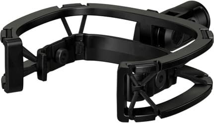 Black shock mount for microphones, featuring a sturdy design made of steel and reinforced polymer, with rubber components for vibration isolation and adjustable mounting options.