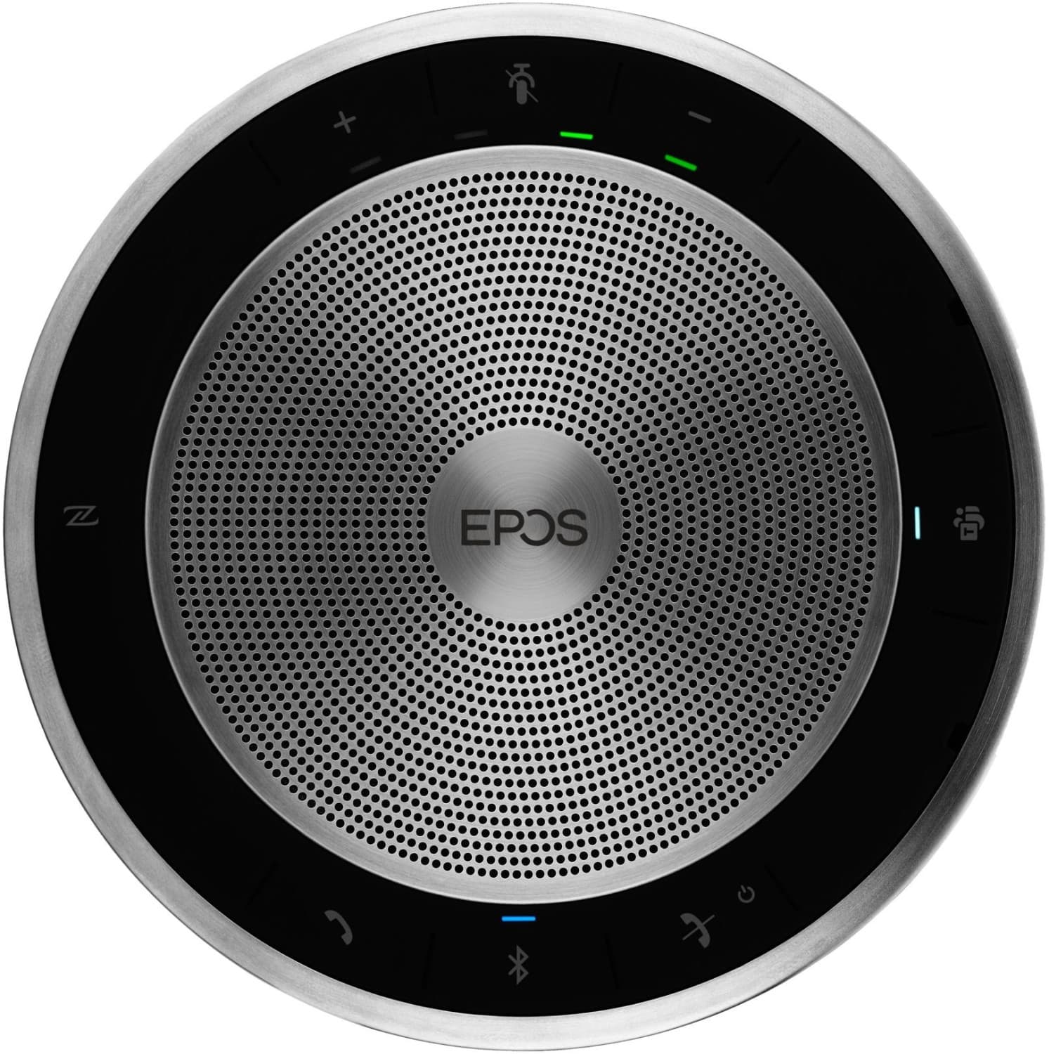 Round, silver and black EPOS Expand SP 30T Bluetooth speakerphone featuring a mesh speaker grille, LED indicators, and control buttons for calls and Bluetooth connectivity.