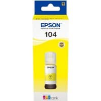 Epson 104 EcoTank yellow ink bottle with a white cap and yellow label in a branded box.