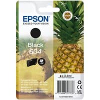 Epson 604 black ink cartridge packaging with pineapple image and "Exceed Your Vision" slogan.