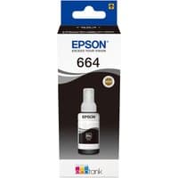 Epson 664 Ecotank black ink bottle, 70ml, with white cap and black label, packaged in a black and white box.