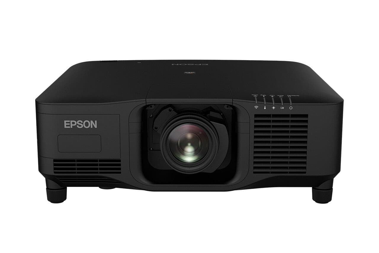 Epson EB-PQ2213B data projector in black with a prominent lens, control buttons on top, and ventilation grilles, featuring 13000 ANSI Lumens and UHD 4K resolution.